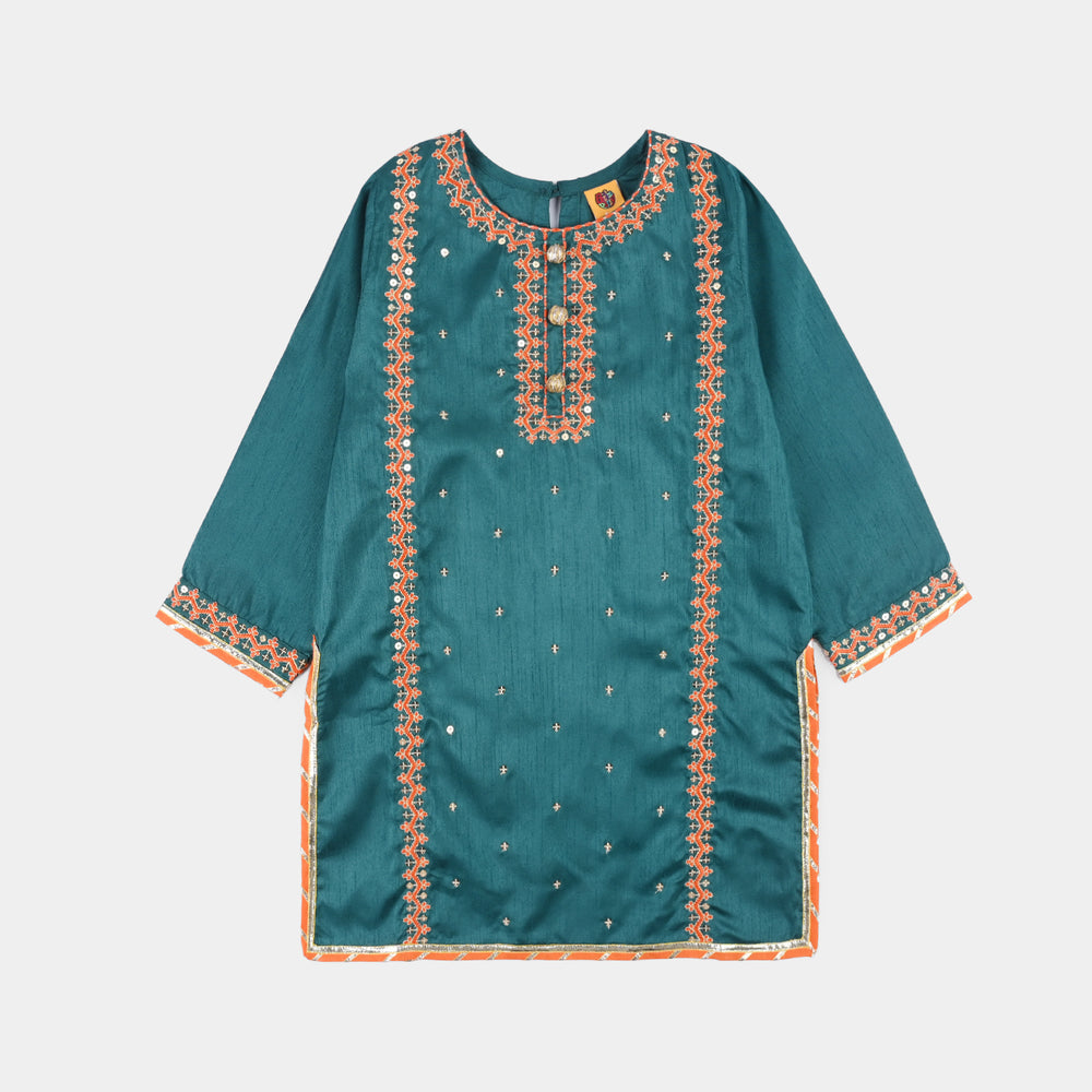 Girls Raw Silk 3Pcs (Naqsh) - Teal blue