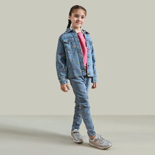 Girls Denim rigid Woven Jacket Flower-LT.Blue