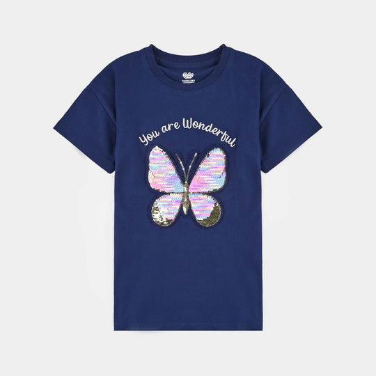 Girls Cotton Jersey T-Shirt H/S Wonderful-Navy Blue