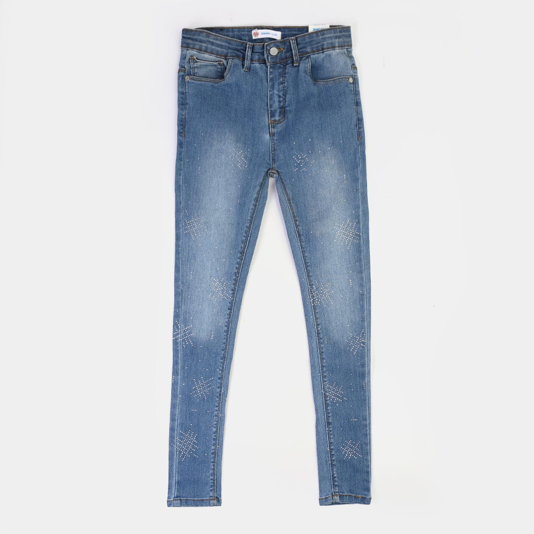 Girls Denim Pant Silver Studs - LIGHT  BLUE