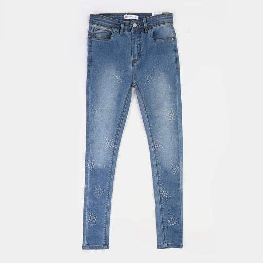 Girls Denim Pant Silver Studs - LIGHT  BLUE
