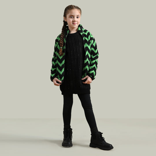 Girls Sherpa Knitted Jacket Fur Fabric-Green