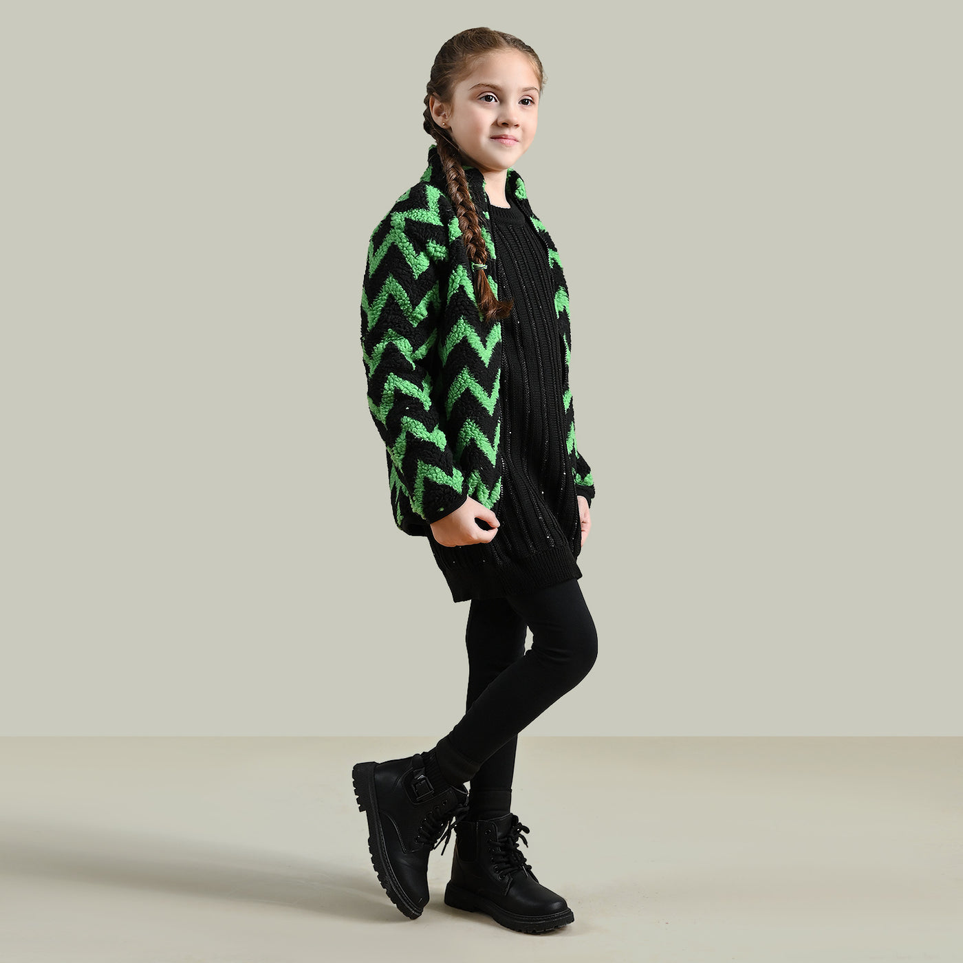 Girls Sherpa Knitted Jacket Fur Fabric-Green