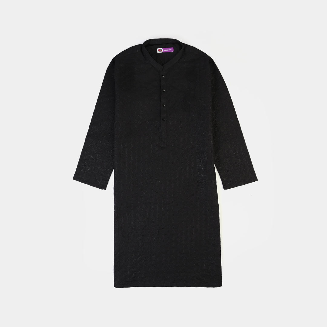 Teens Boys Cotton Poplin Kurta (Chicken Kari)-BLACK