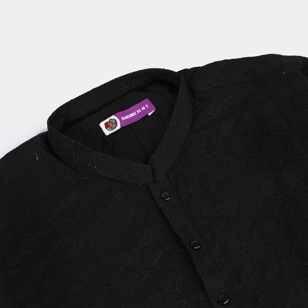 Teens Boys Cotton Poplin Kurta (Chicken Kari)-BLACK