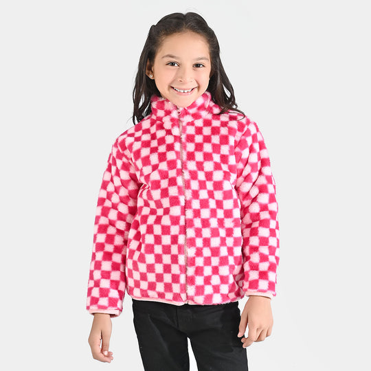 Girls Sherpa Jacket Pink Check-Pink