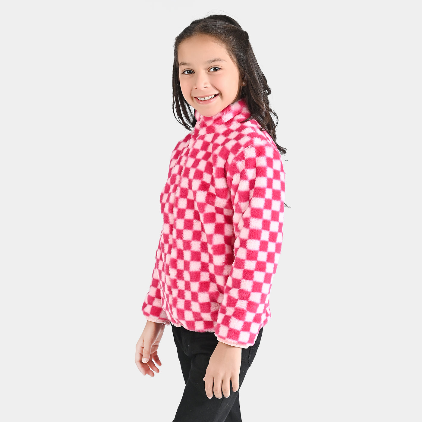 Girls Sherpa Jacket Pink Check-Pink