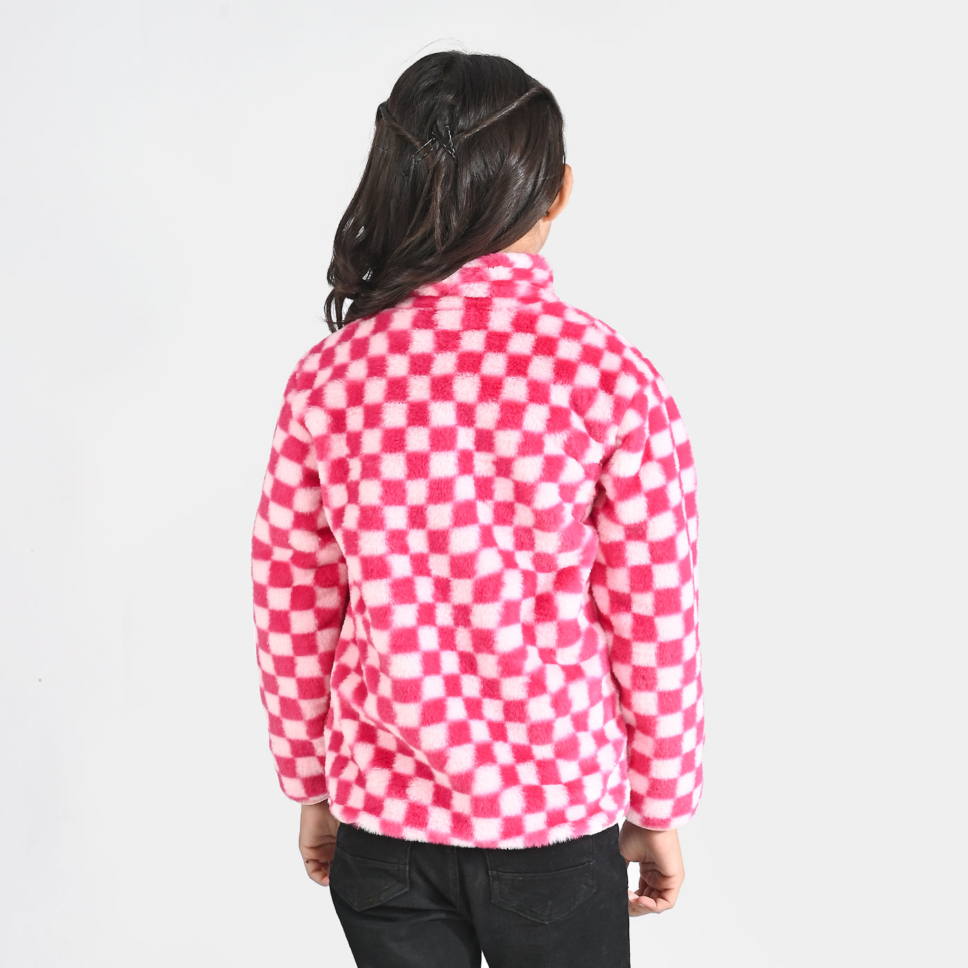 Girls Sherpa Jacket Pink Check-Pink