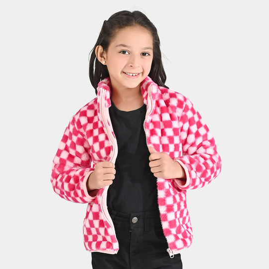 Girls Sherpa Jacket Pink Check-Pink