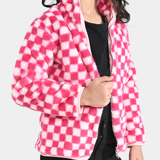 Girls Sherpa Jacket Pink Check-Pink