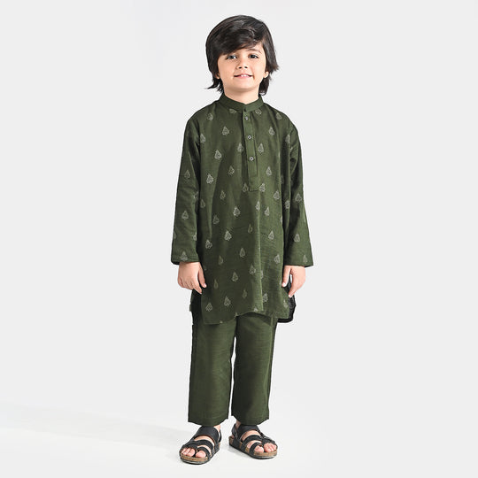 Boys Cotton Slub Shalwar Suit (Monotone)-Green