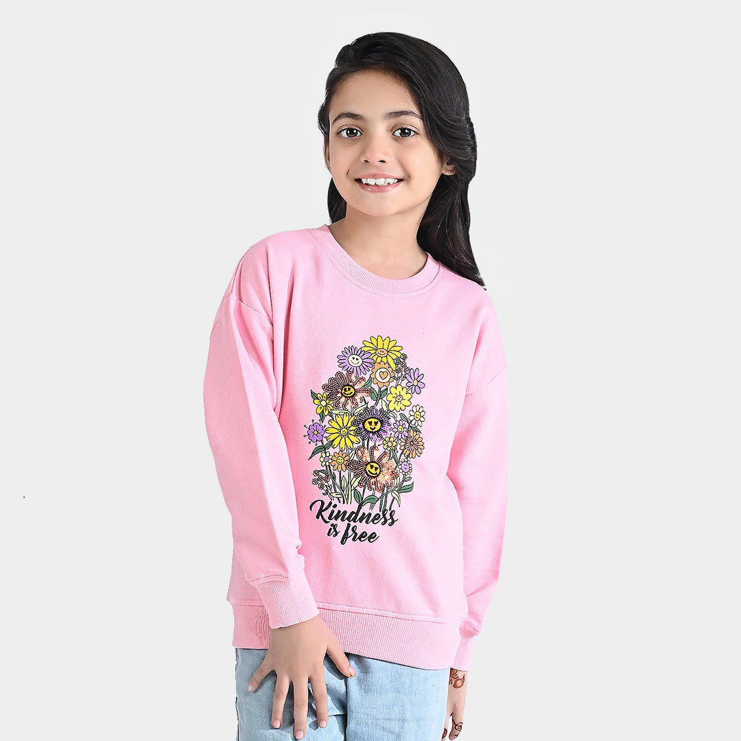 Girls Cotton Terry Sweatshirt Kindness Is Free-Pink