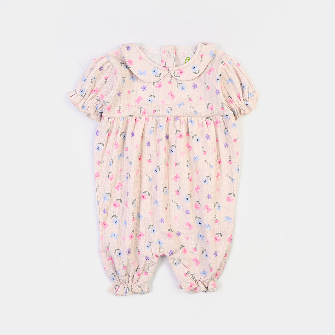 Infant Girls Poly Crinkle Knitted Romper-BEIGE