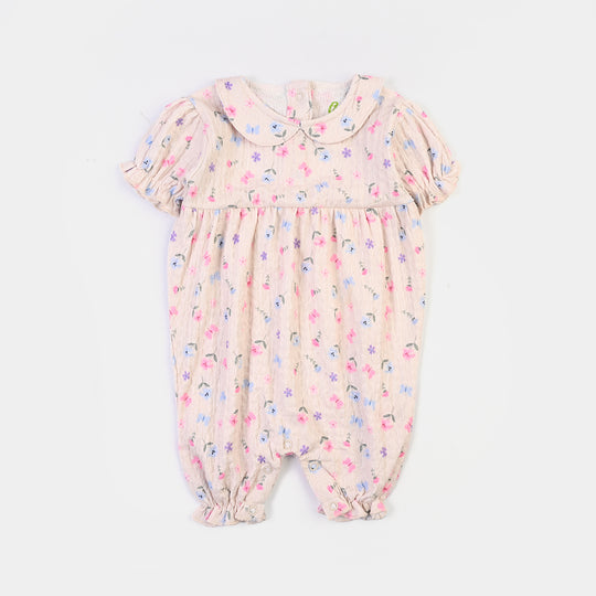Infant Girls Poly Crinkle Knitted Romper-BEIGE
