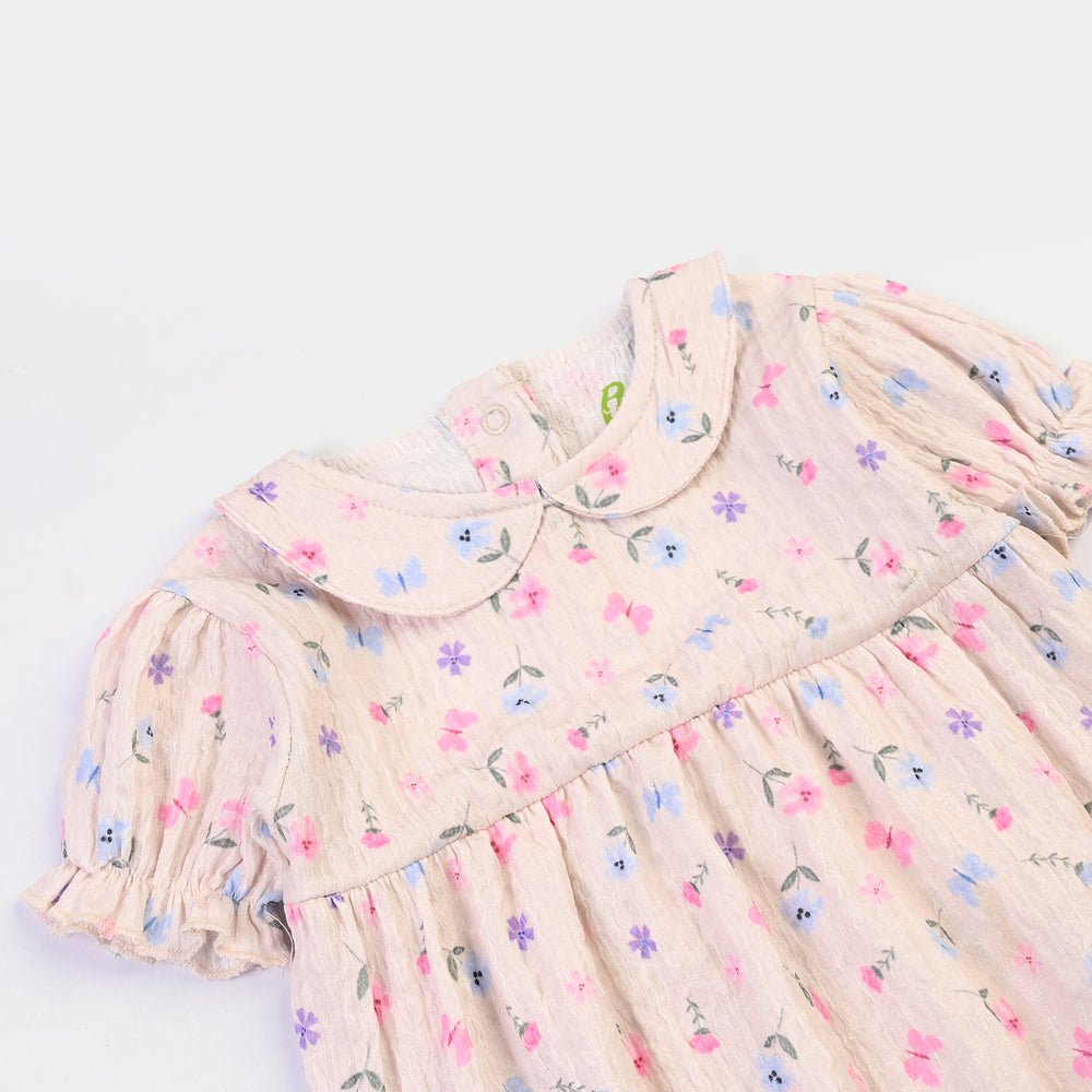 Infant Girls Poly Crinkle Knitted Romper-BEIGE
