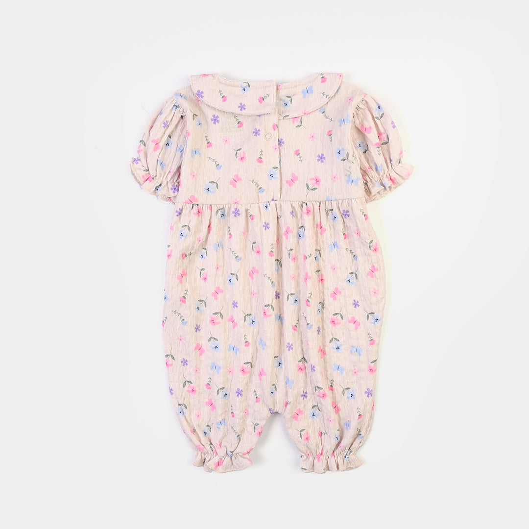 Infant Girls Poly Crinkle Knitted Romper-BEIGE