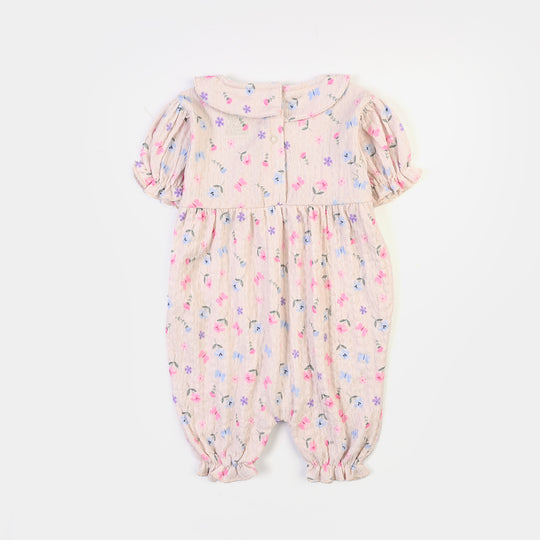 Infant Girls Poly Crinkle Knitted Romper-BEIGE