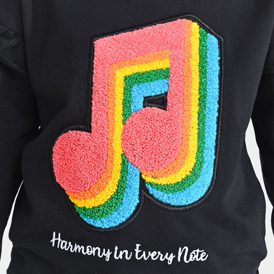 Girls Cotton Terry Sweatshirt Music-Jet Black