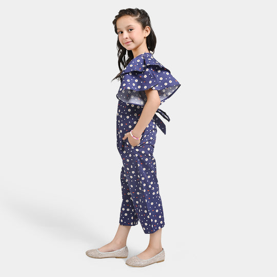 Girls Cotton Poplin JumpSuit Moon Floral-Blue