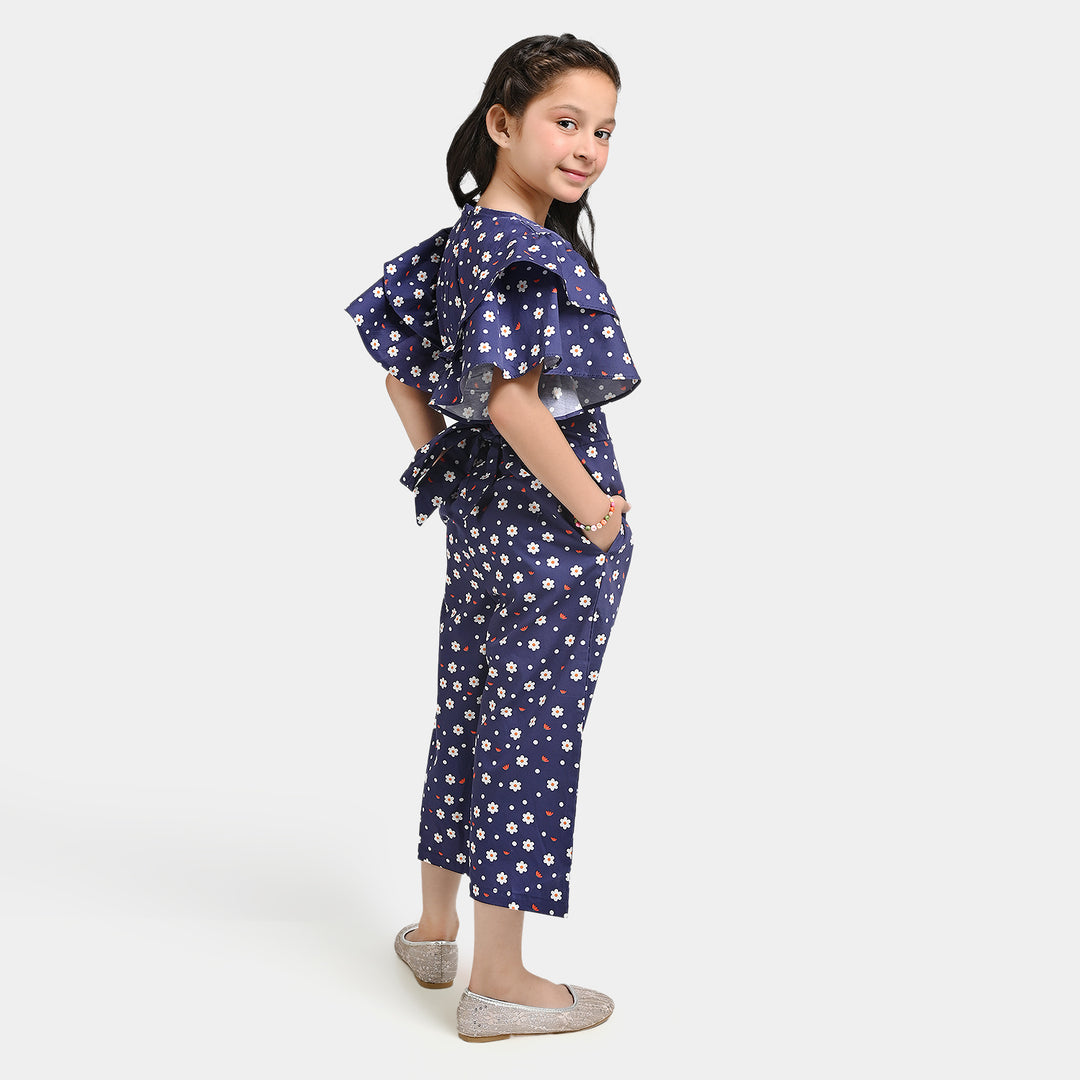 Girls Cotton Poplin JumpSuit Moon Floral-Blue