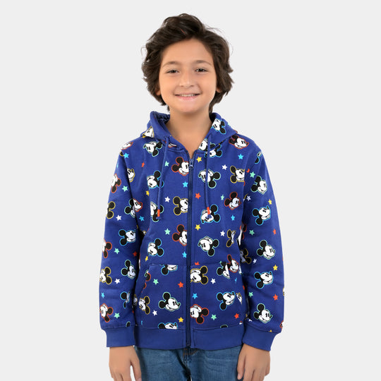 Boys Fleece Knitted Jacket Printed-Navy Blue