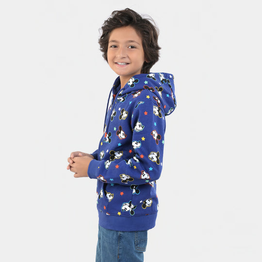 Boys Fleece Knitted Jacket Printed-Navy Blue