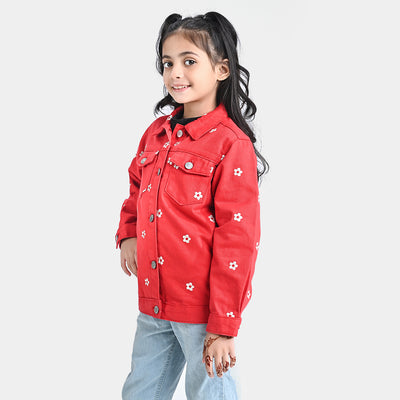 Girls Denim rigid Woven Jacket Embroidery Floral-H.R.Red