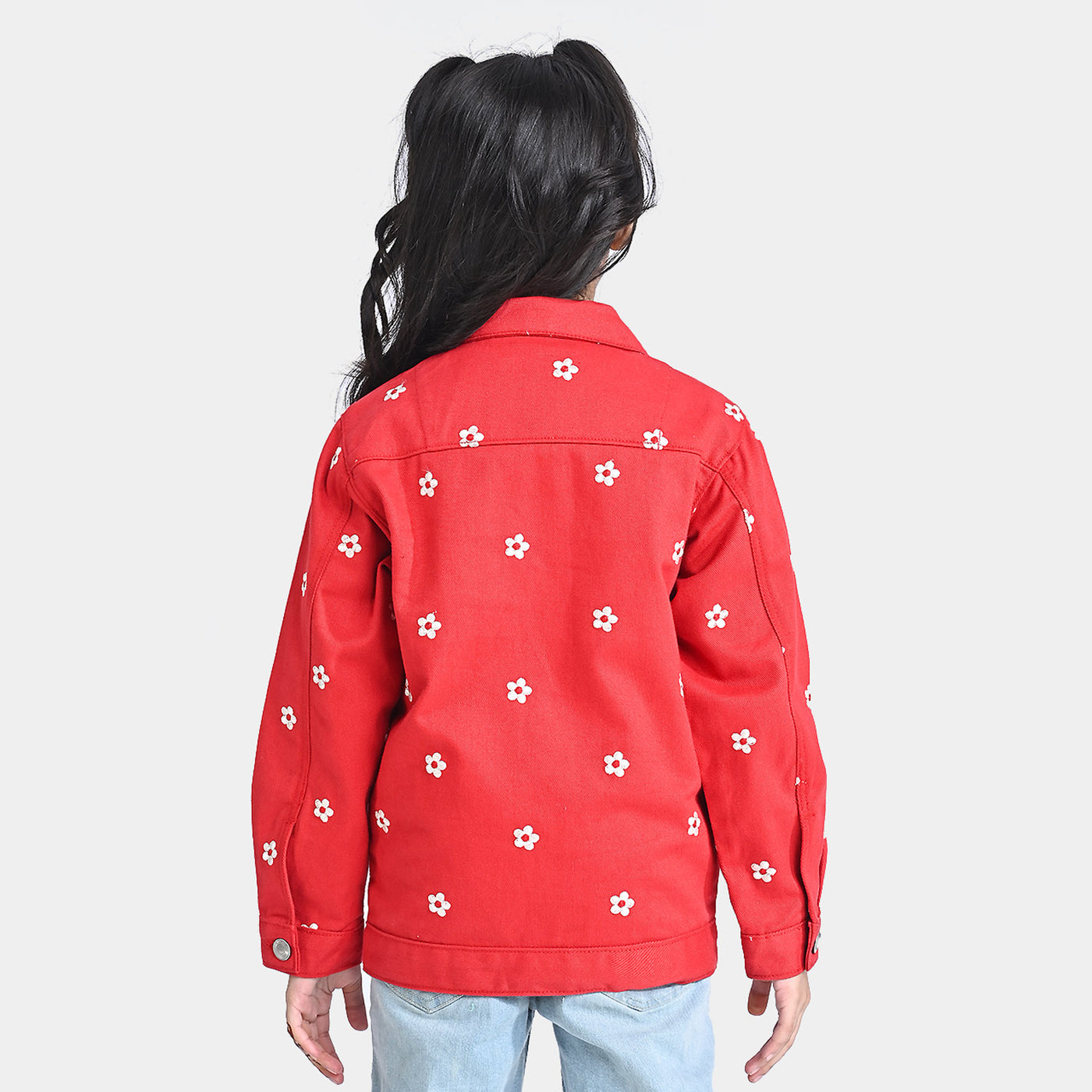 Girls Denim rigid Woven Jacket Embroidery Floral-H.R.Red