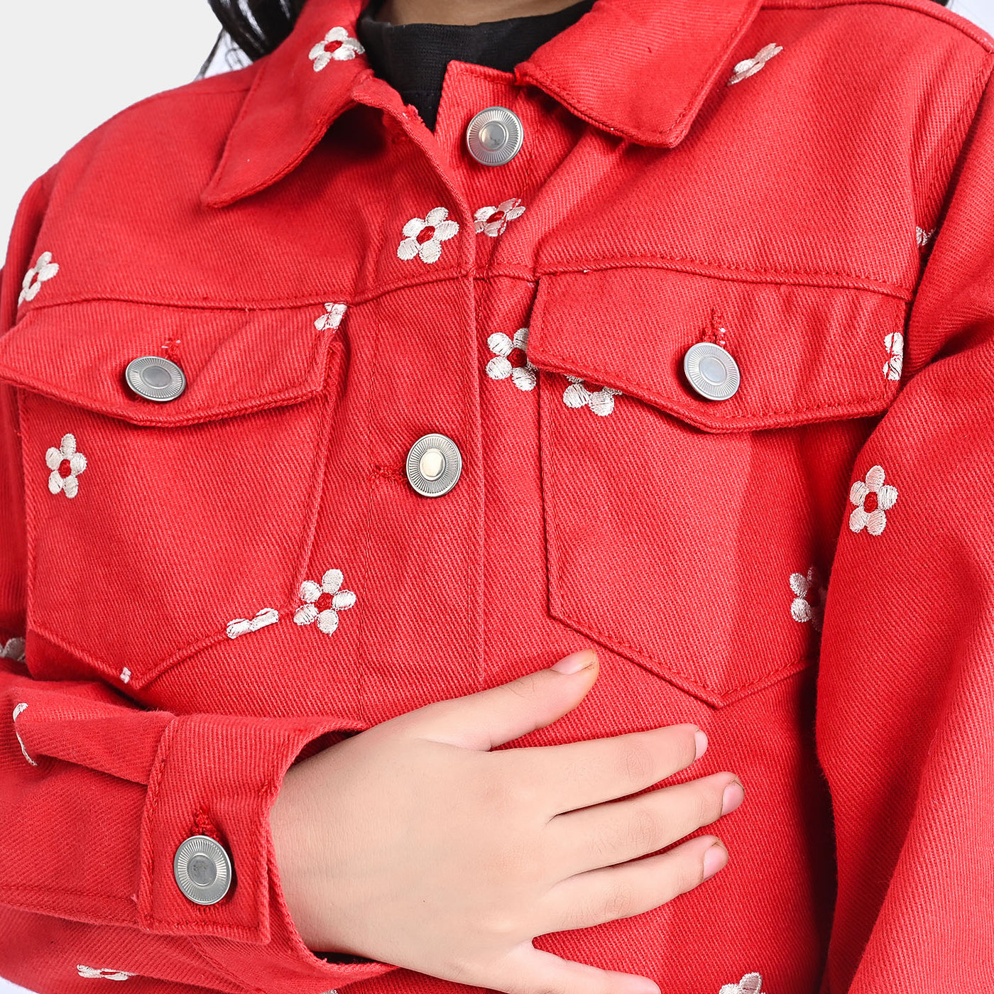 Girls Denim rigid Woven Jacket Embroidery Floral-H.R.Red