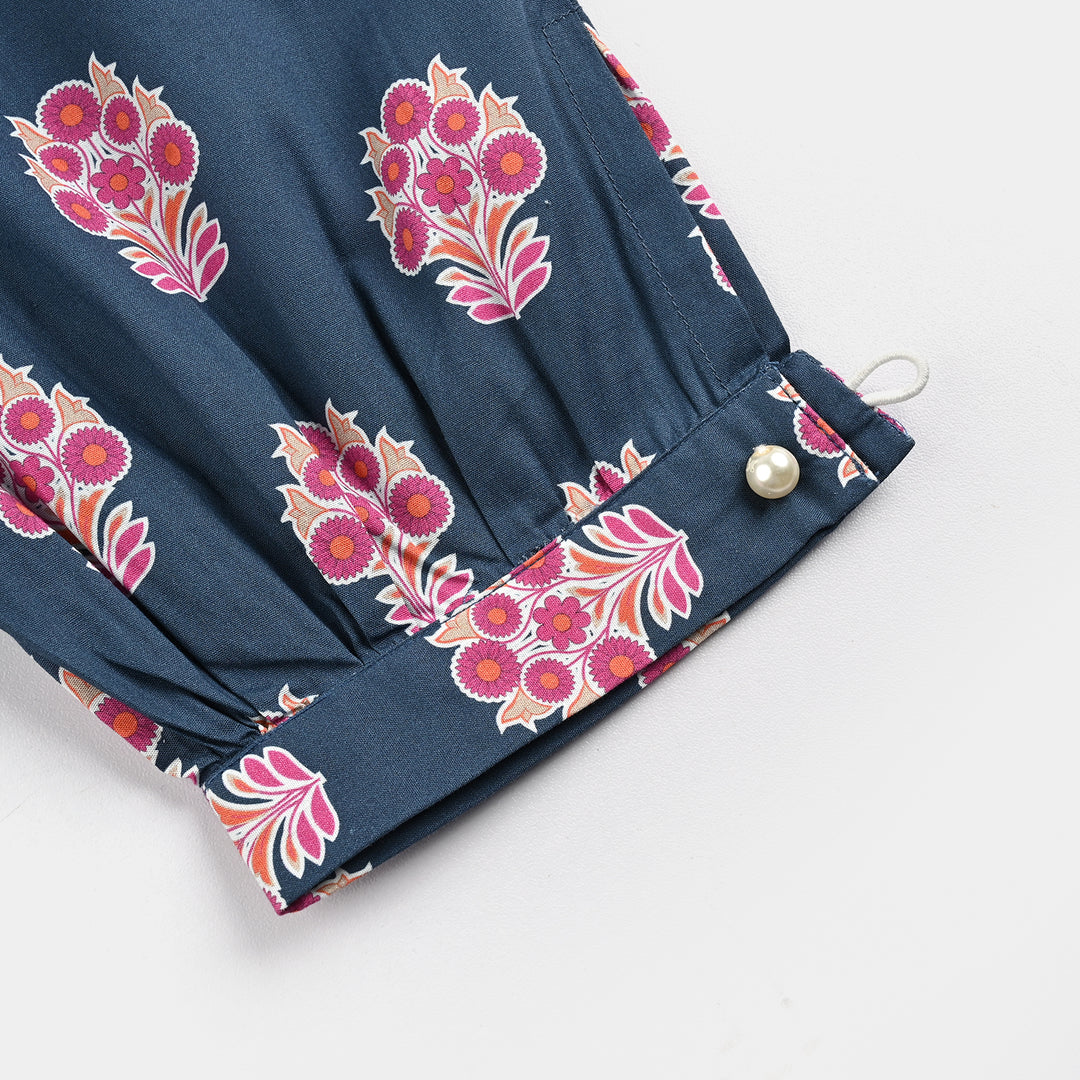 Girls Cotton Poplin Printed 2 Pcs-Blue