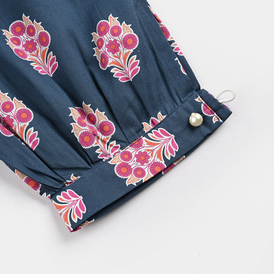 Girls Cotton Poplin Printed 2 Pcs-Blue