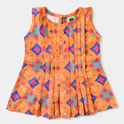Infant Girls Cotton Poplin Printed Kurti Criss Cross-Orange