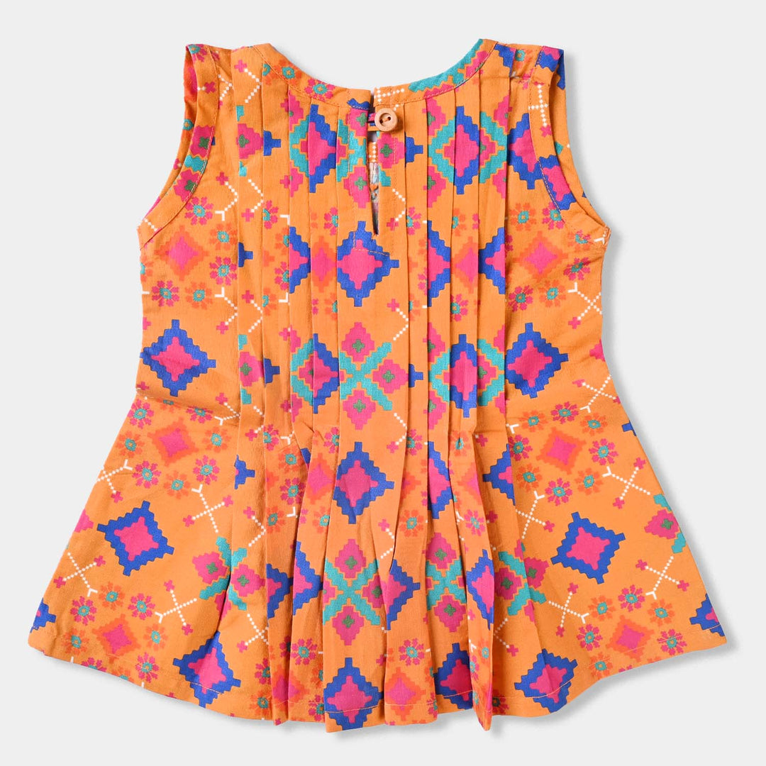 Infant Girls Cotton Poplin Printed Kurti Criss Cross-Orange