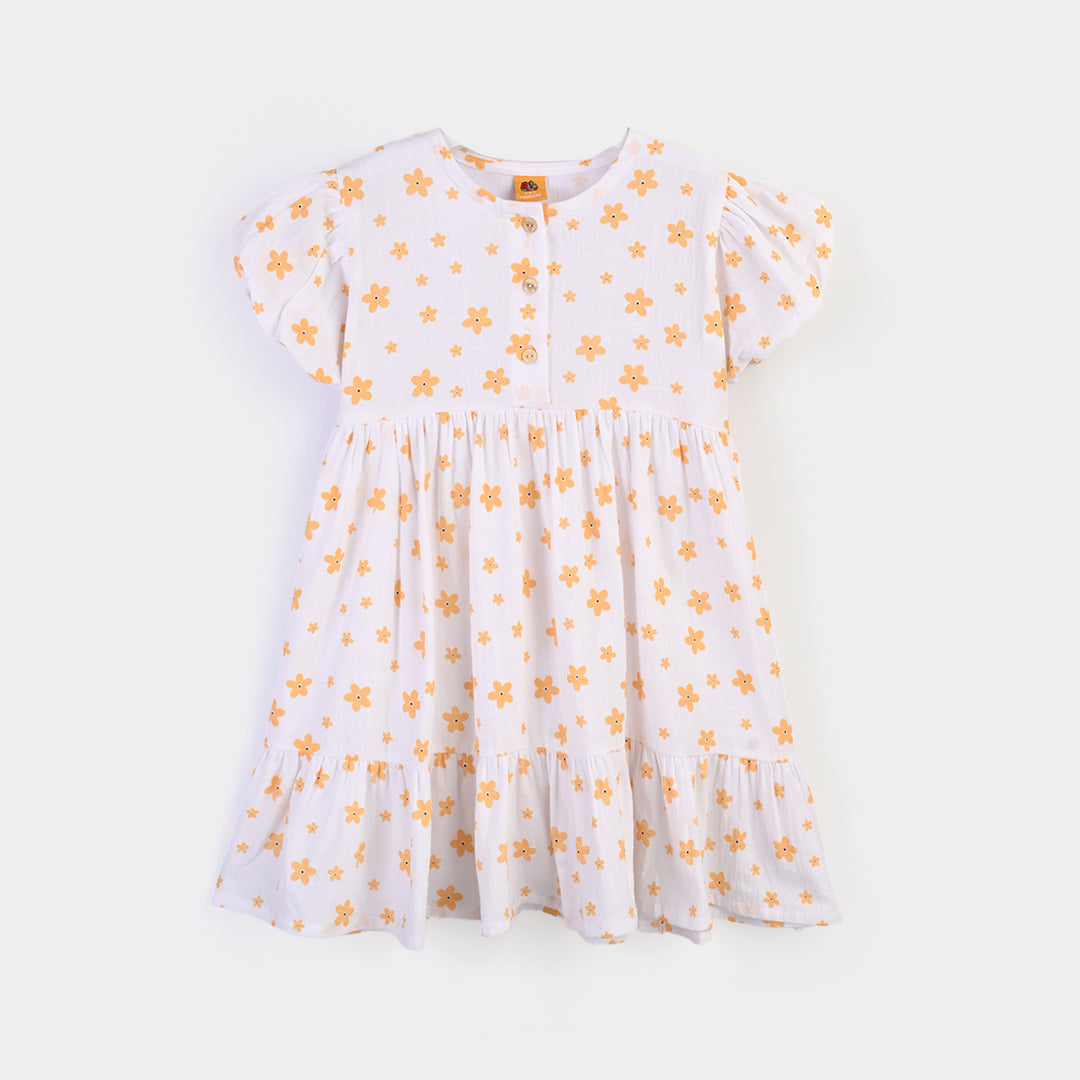 Girls Cotton Casual Frock Amber-WHITE