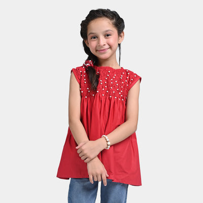 Girls Cotton Casual Top Pearls-Red