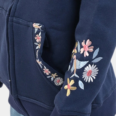 Girls Fleece Knitted Jacket Flower-NAVY