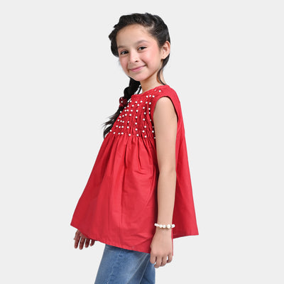 Girls Cotton Casual Top Pearls-Red