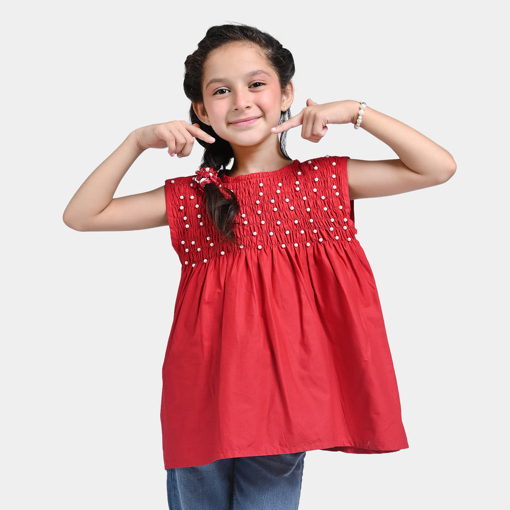 Girls Cotton Casual Top Pearls-Red