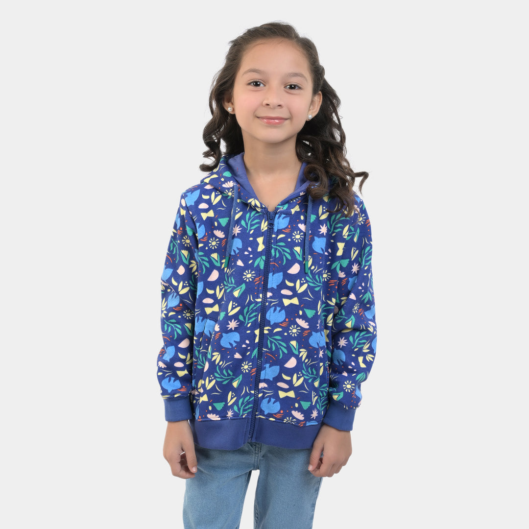 Girls Fleece Knitted Jacket Flowers -Navy Blue