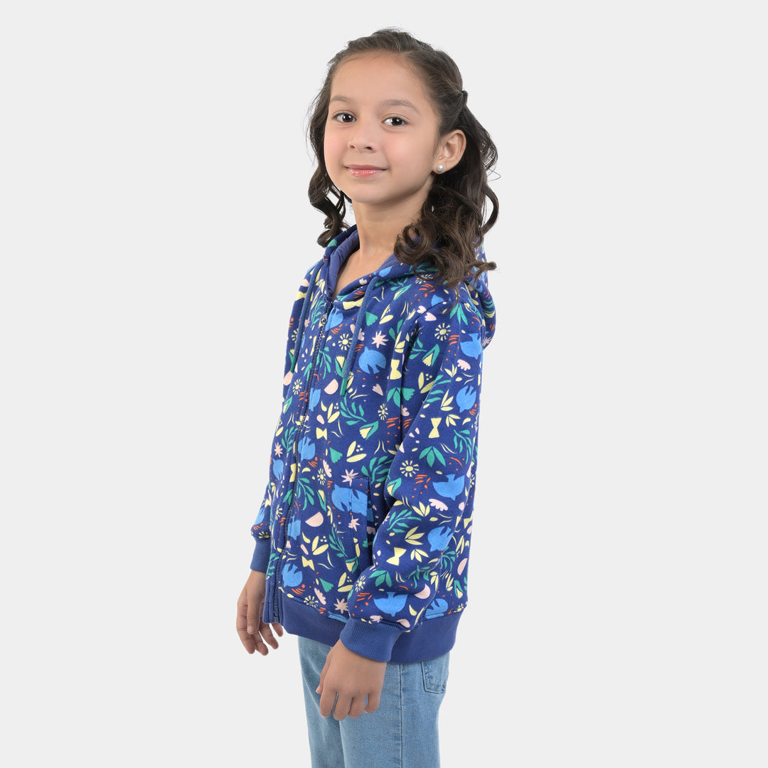 Girls Fleece Knitted Jacket Flowers -Navy Blue