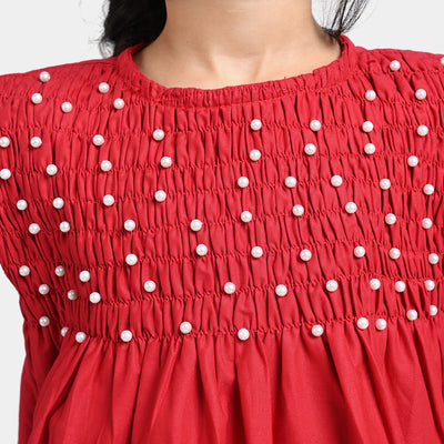 Girls Cotton Casual Top Pearls-Red