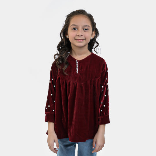 Girls Velvet EMB Top Pearly Glow-MAROON