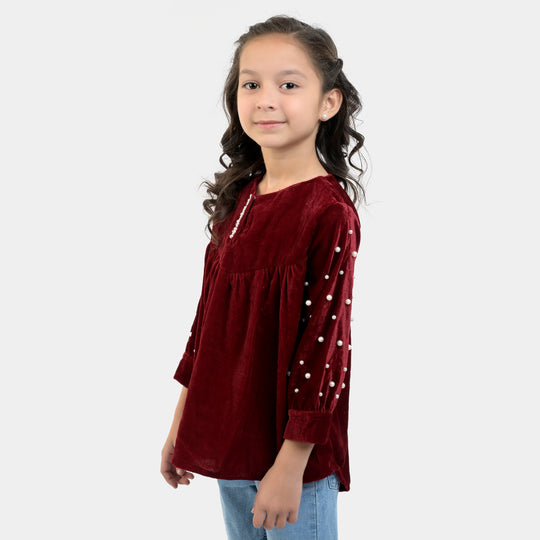 Girls Velvet EMB Top Pearly Glow-MAROON