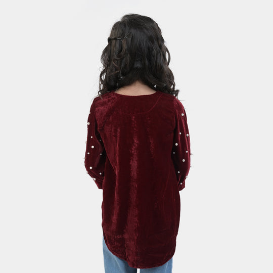 Girls Velvet EMB Top Pearly Glow-MAROON