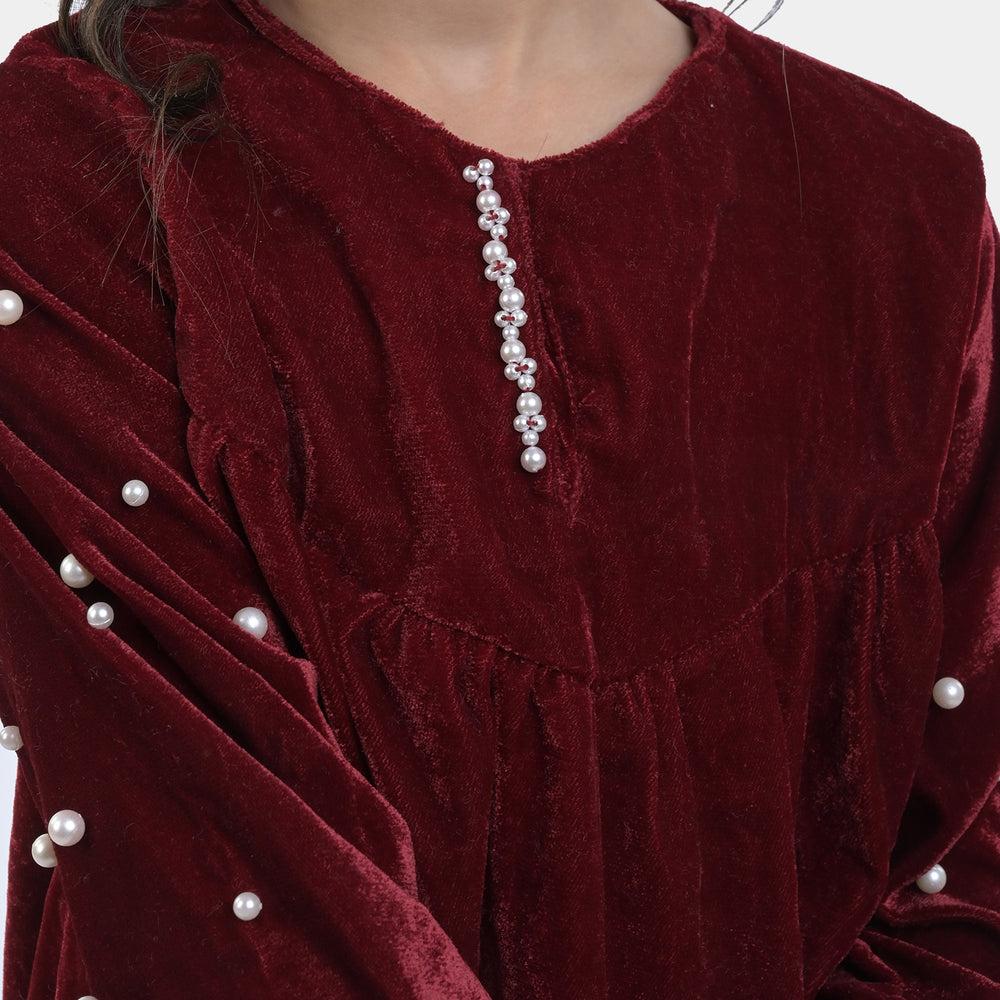 Girls Velvet EMB Top Pearly Glow-MAROON