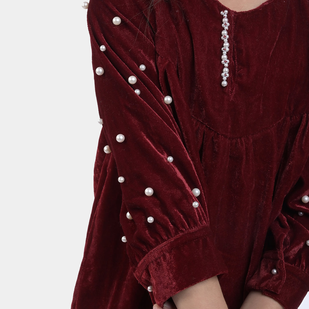 Girls Velvet EMB Top Pearly Glow-MAROON