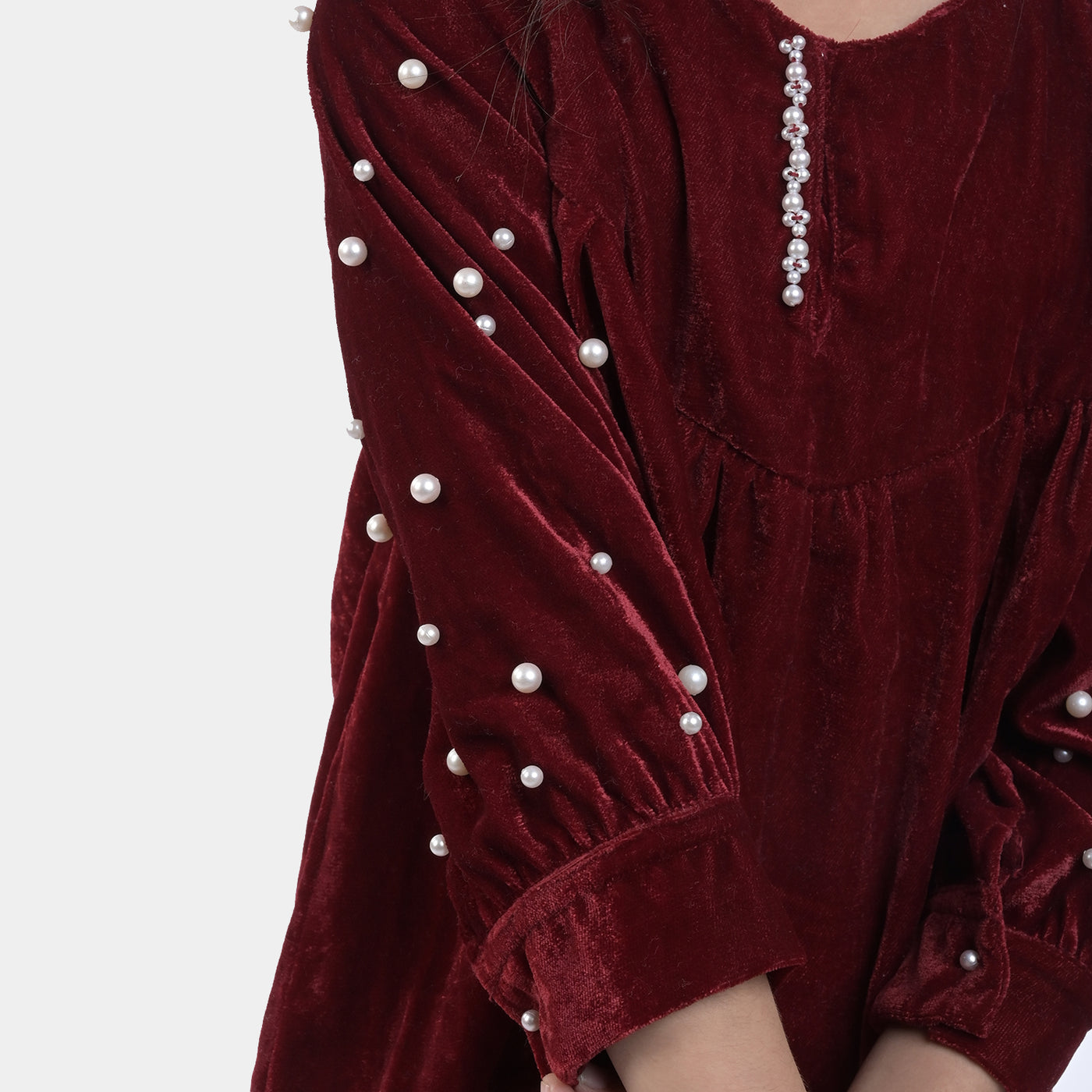 Girls Velvet EMB Top Pearly Glow-MAROON