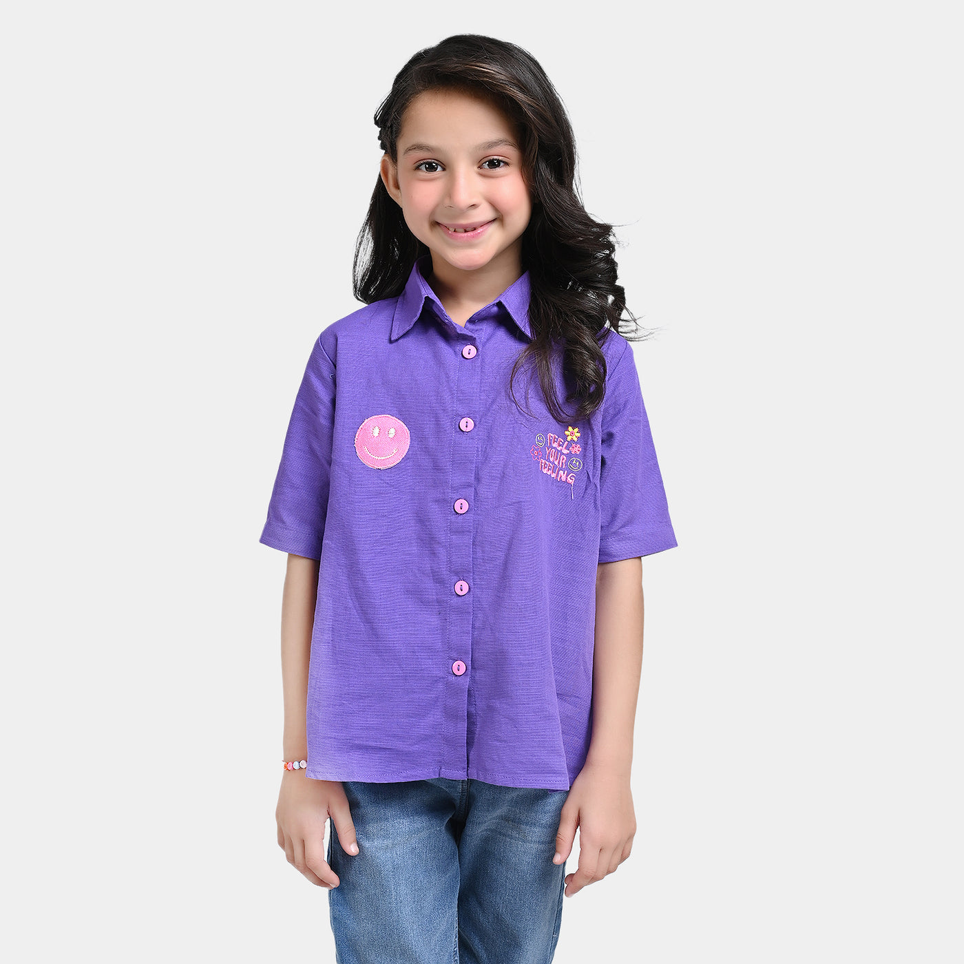 Girls Cotton Slub Emb Top Feel your Feeling-Purple