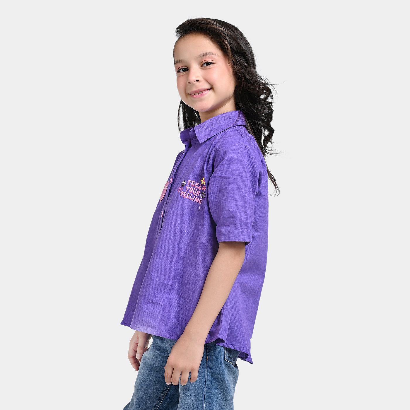 Girls Cotton Slub Emb Top Feel your Feeling-Purple