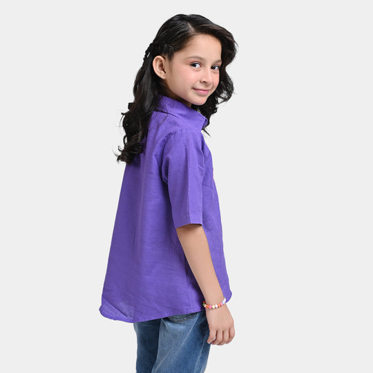 Girls Cotton Slub Emb Top Feel your Feeling-Purple